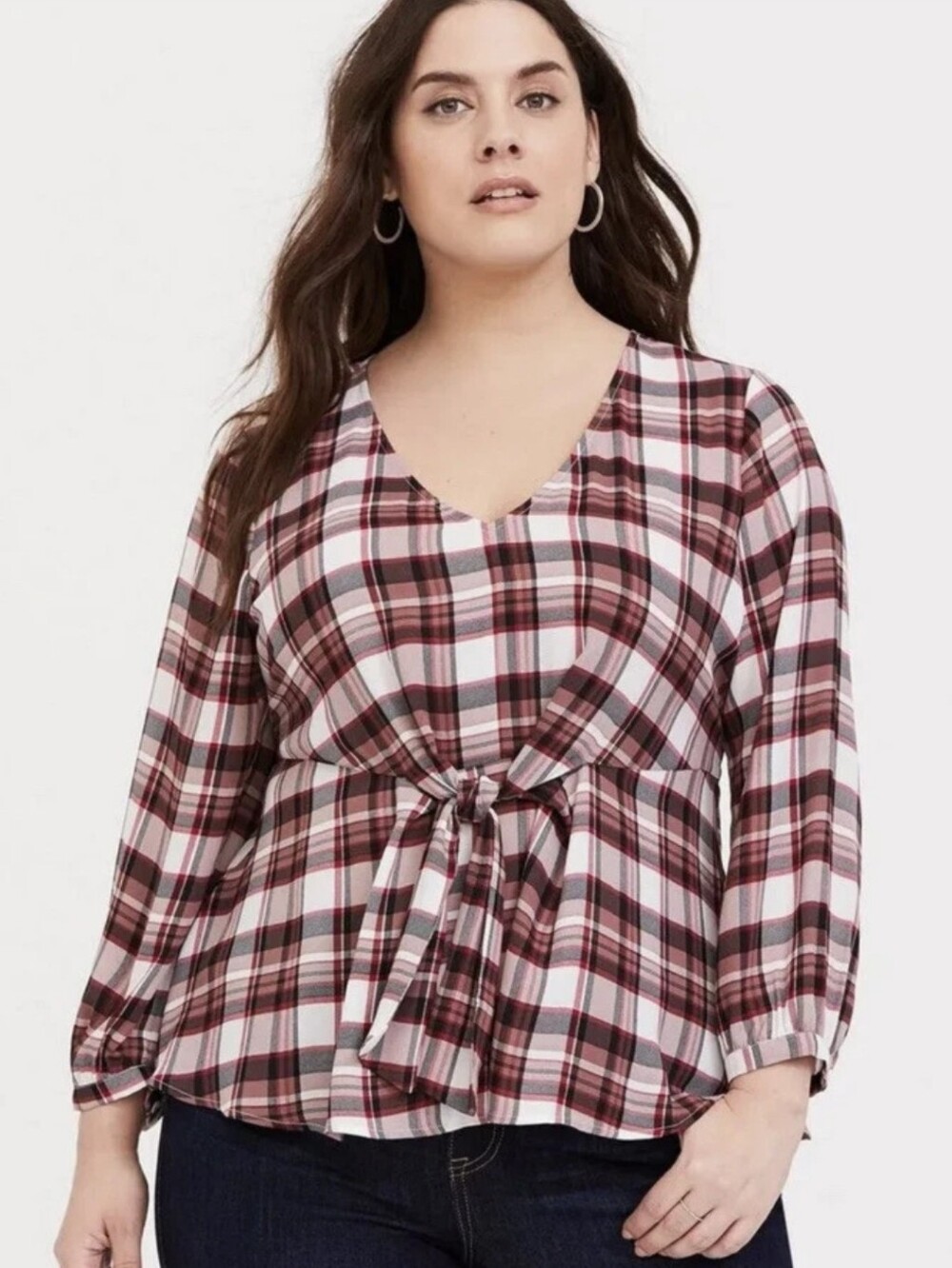 Torrid Red Plaid Georgette Tie Front Blouse V-Neck Long Sleeve Plus Size 2